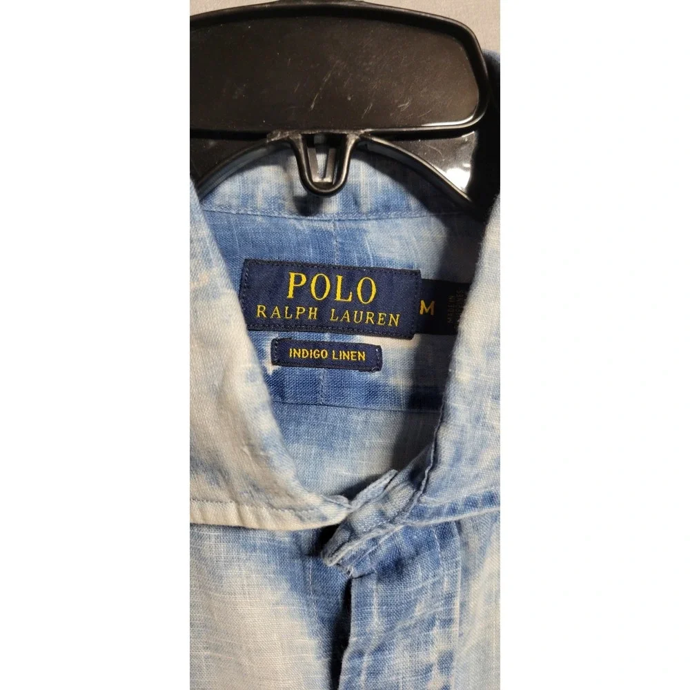 Blue White Tie Dye Ls Button Up Polo Ralph Lauren 100% Linen Men's Shirt Size M